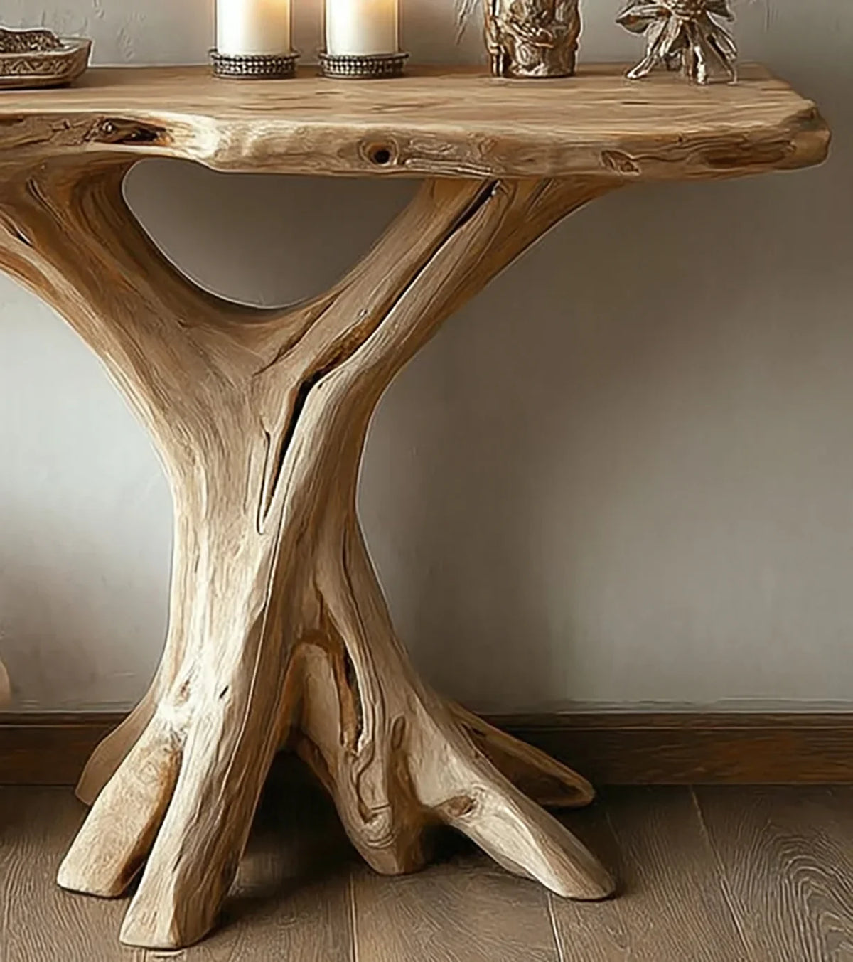 Live edge solid wood console table with unique tree root base and candles on top