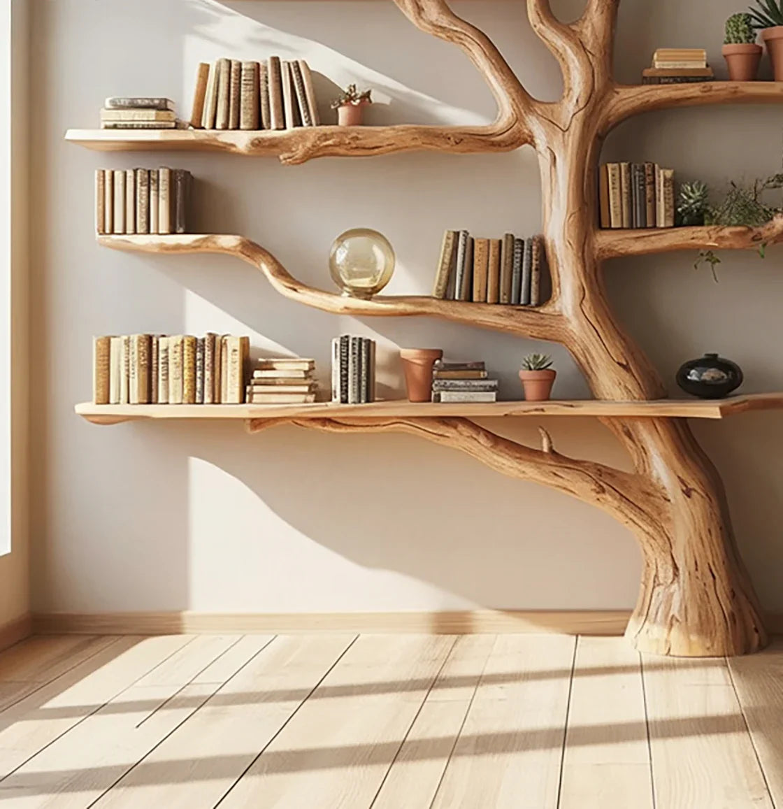wooden tree-shaped bookshelf with books, potted plants, and glass decor in bright room
