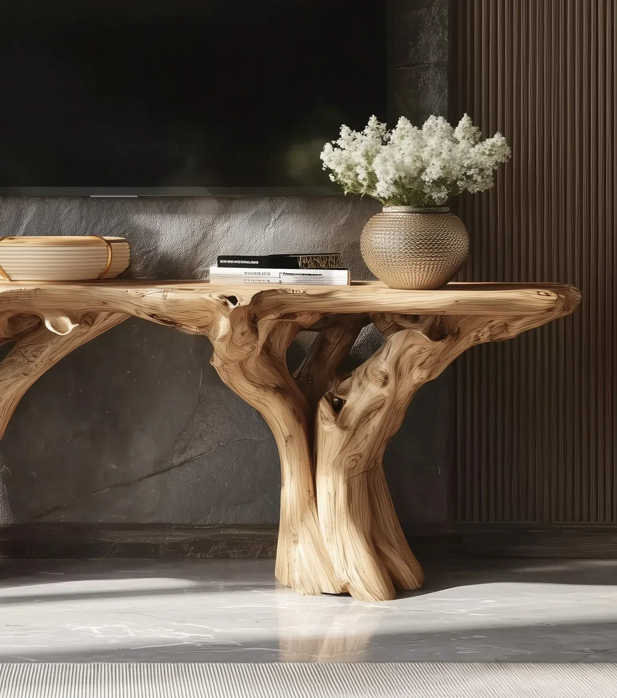 Live edge solid wood console table with natural tree branch legs, vase and decor on top