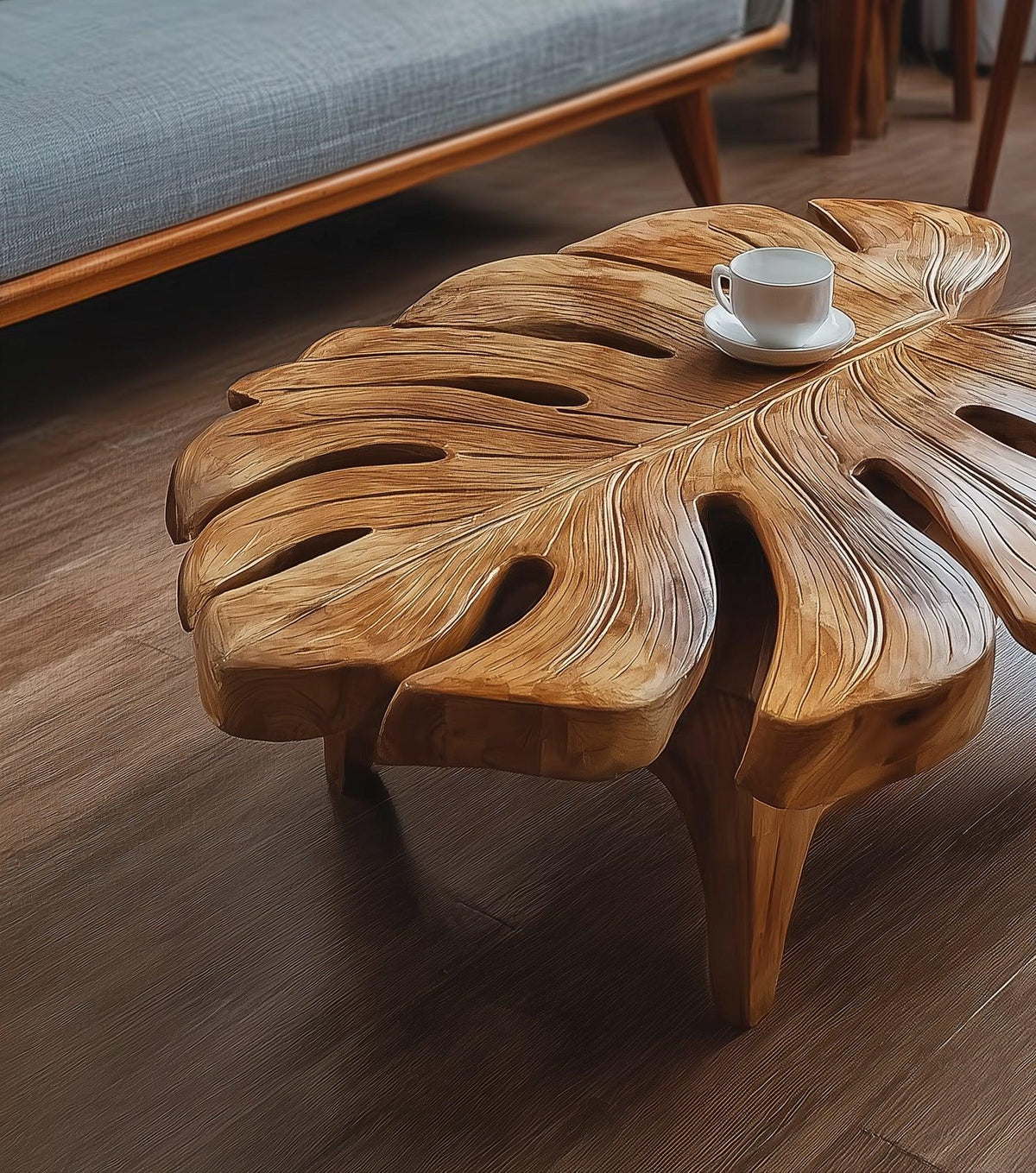 Solid wood coffee table shaped like a leaf, with carved details and a cup on top
