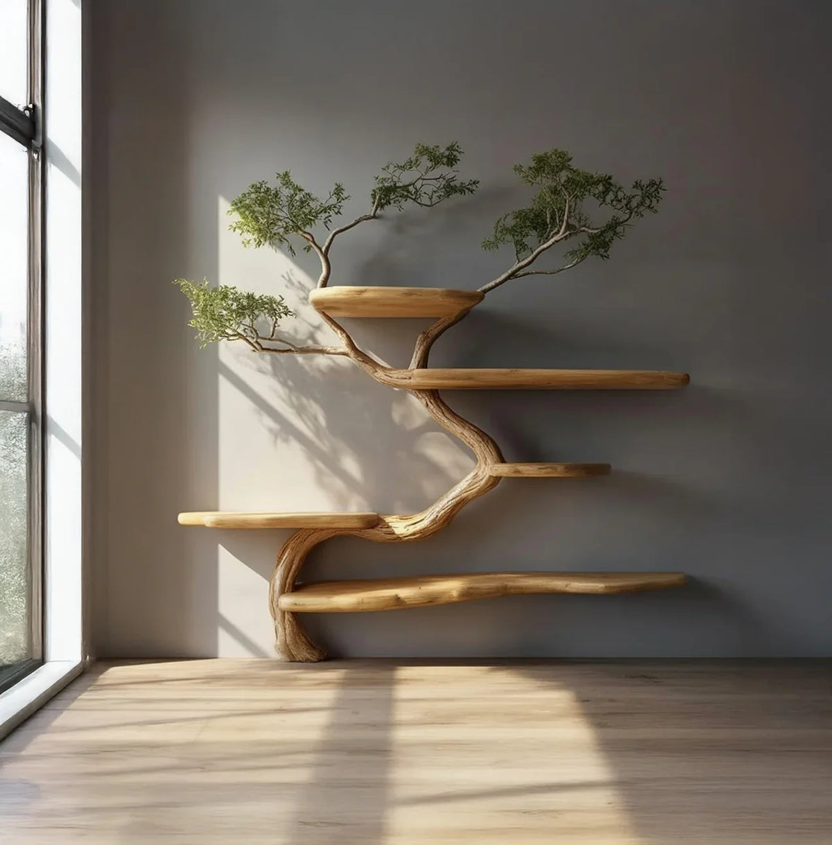 Live edge tree bookshelf with natural wood shelves and built-in planter against gray wall