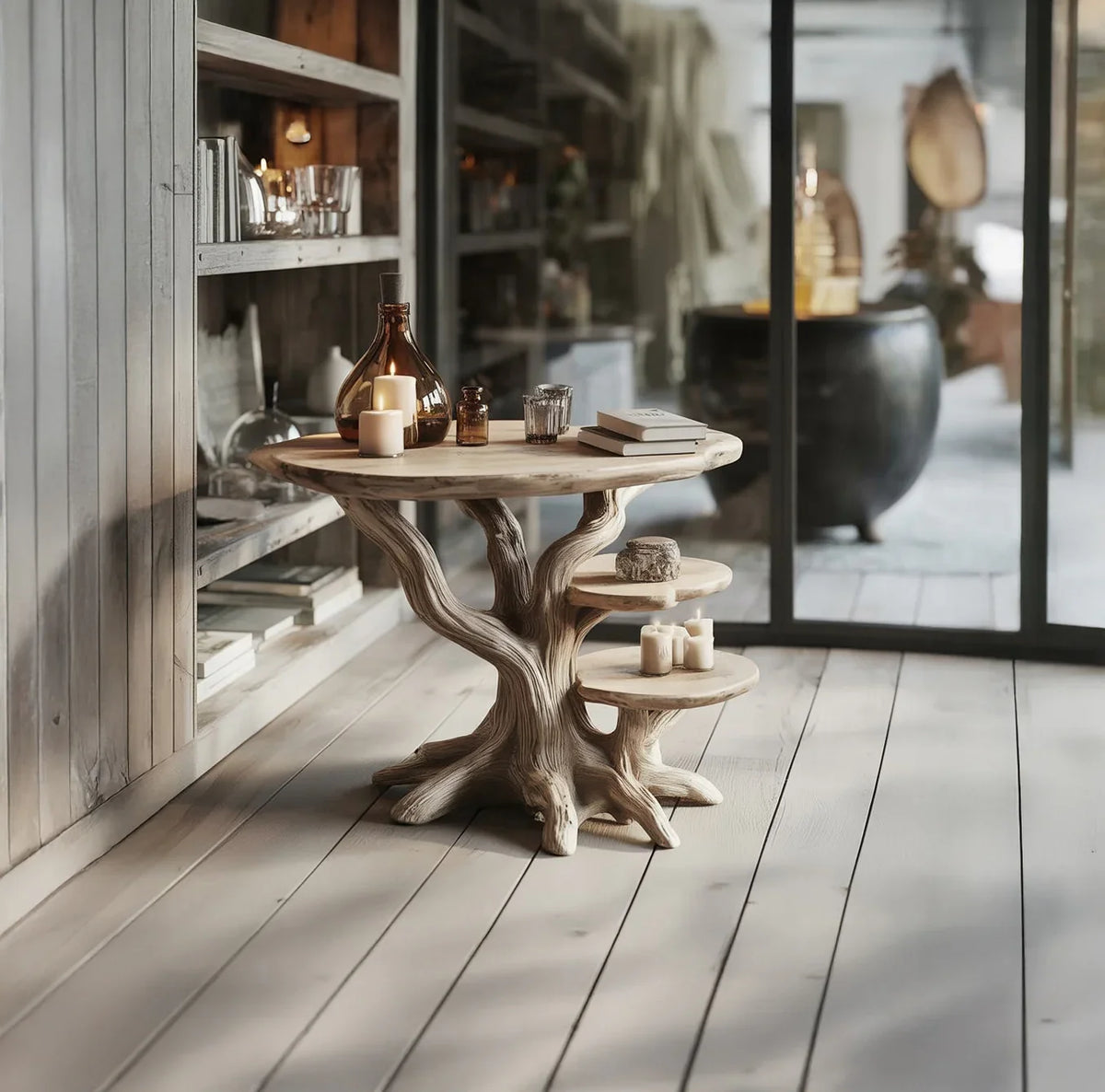 Live edge solid wood tree table with shelves, candles, and glass decor in modern room