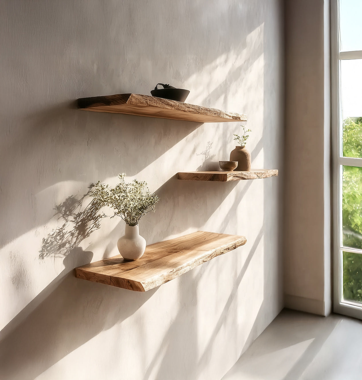 Three natural wood live edge floating shelves on a sunlit wall, styled with minimalist decor.