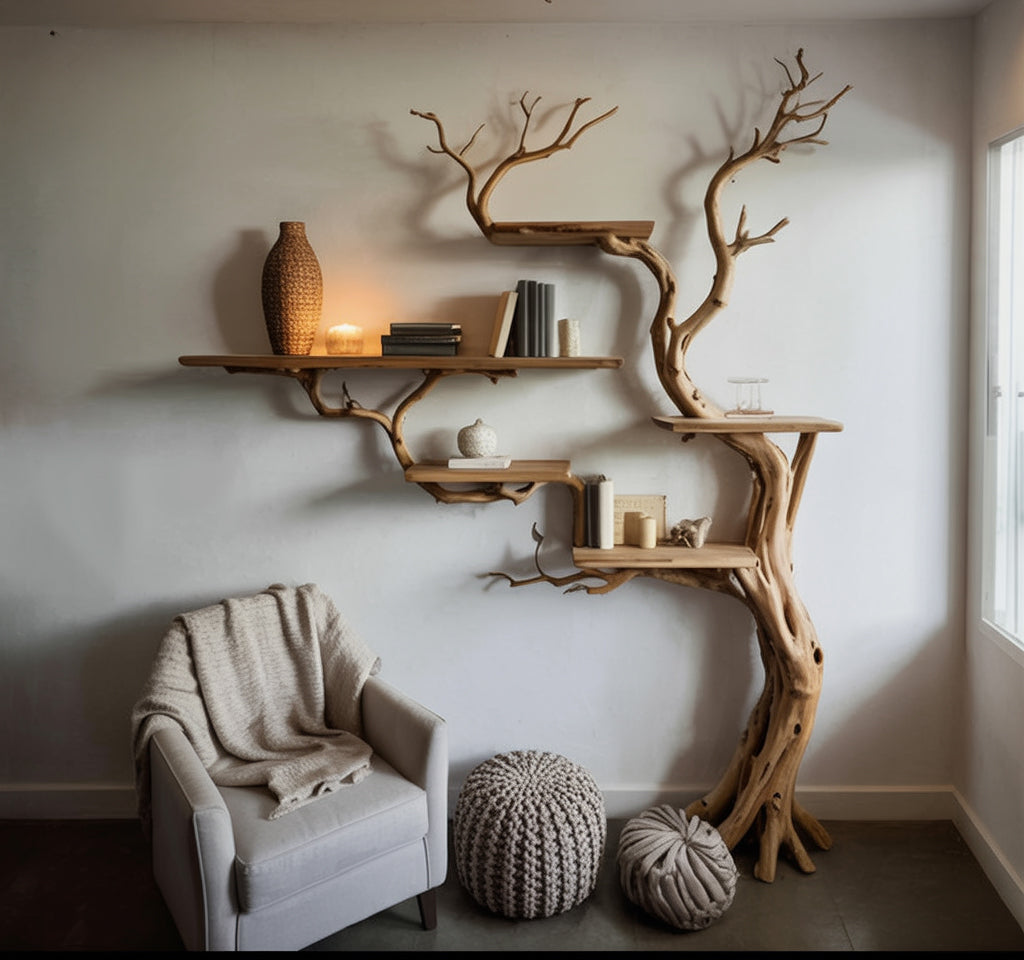 Solid wood tree bookshelf with live edge shelves in modern living room setting