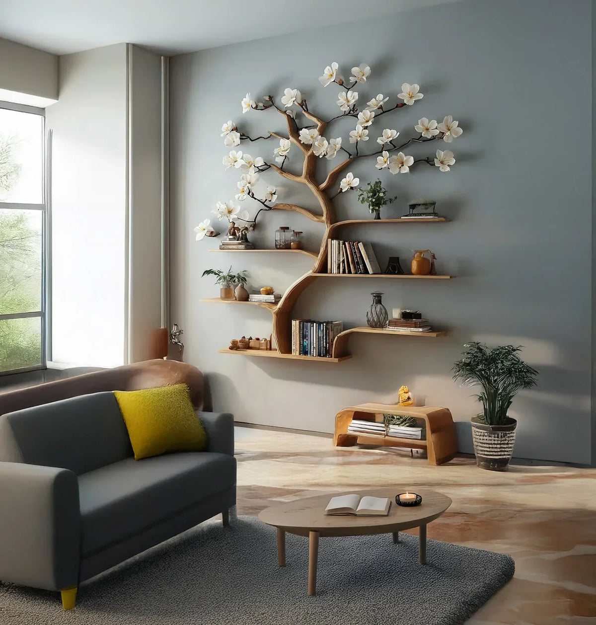 Modern living room with a wooden tree bookshelf and floating shelves, books, and decor