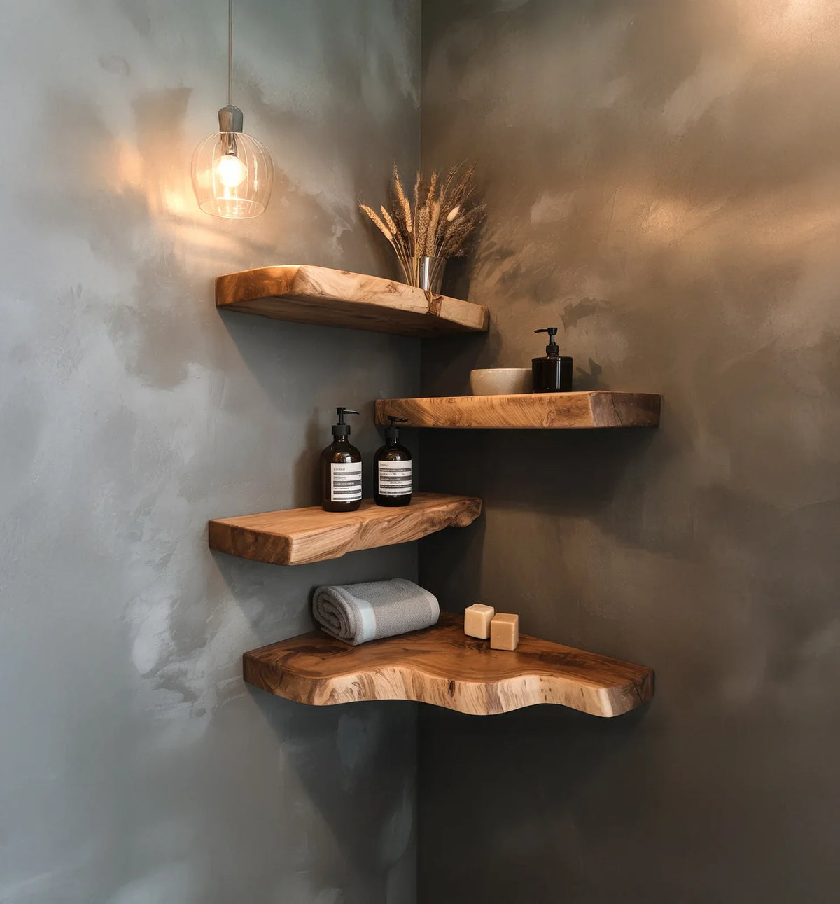 Corner bathroom with natural wood floating shelves holding soap, towel, bottles, and dried plants