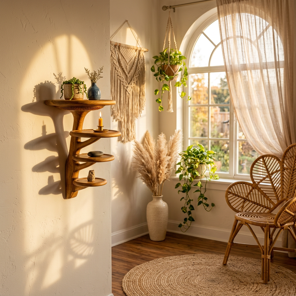 Helical Mushroom Wall Shelf with 4 Graduated Round Platforms - Handcrafted Solid Wood Spiral Staircase Floating Shelf with Front-Facing Gill Carving - Ashdeco 2026