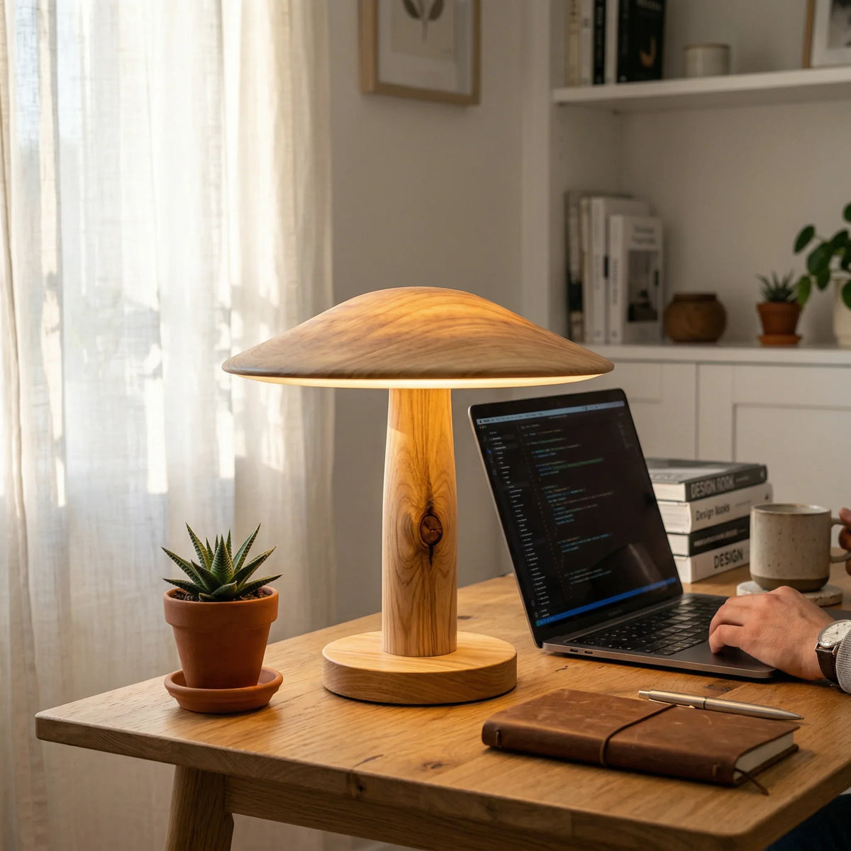 Scandinavian minimalist home office with wooden lamp, laptop, succulent plant, and natural sunlight