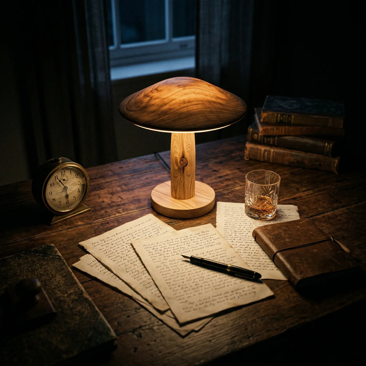 Vintage wooden desk with lamp, handwritten pages, fountain pen, books, and clock at night