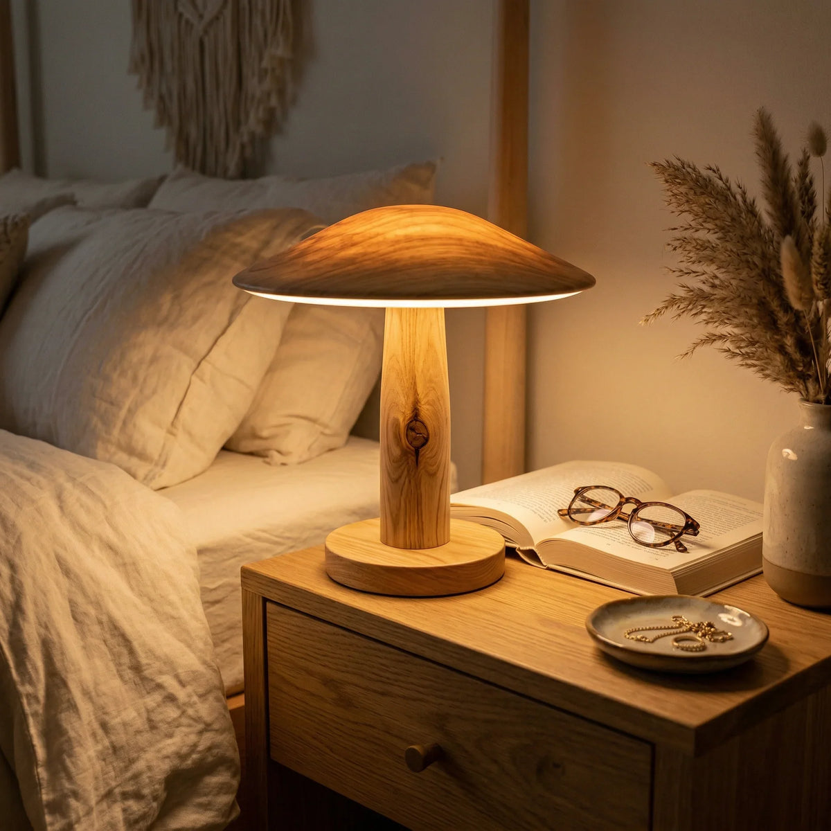 Modern bohemian bedroom with wooden lamp on nightstand, open book, and cozy evening lighting