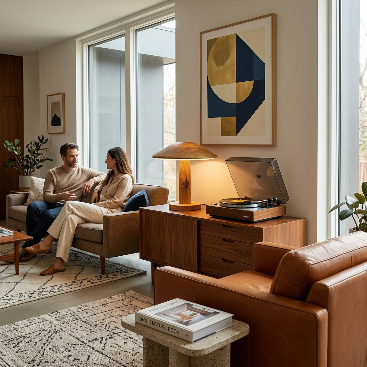 Mid-century modern living room with walnut credenza, table lamp, and cozy couple relaxing