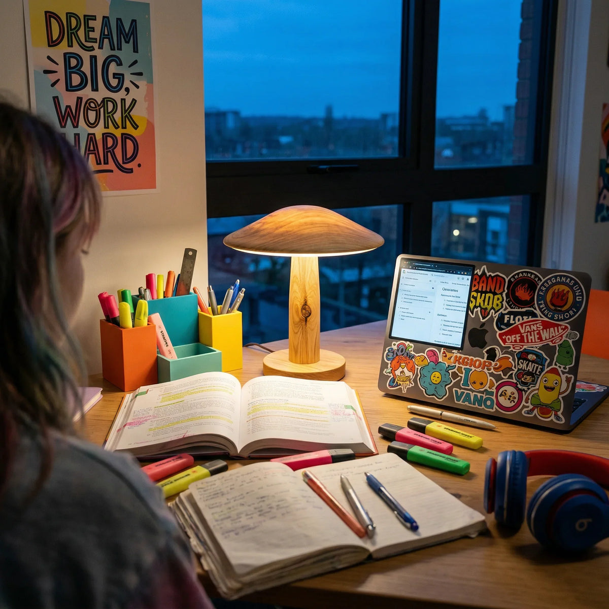 Teen study area with wooden table lamp, colorful desk organizers, laptop, and open textbooks.