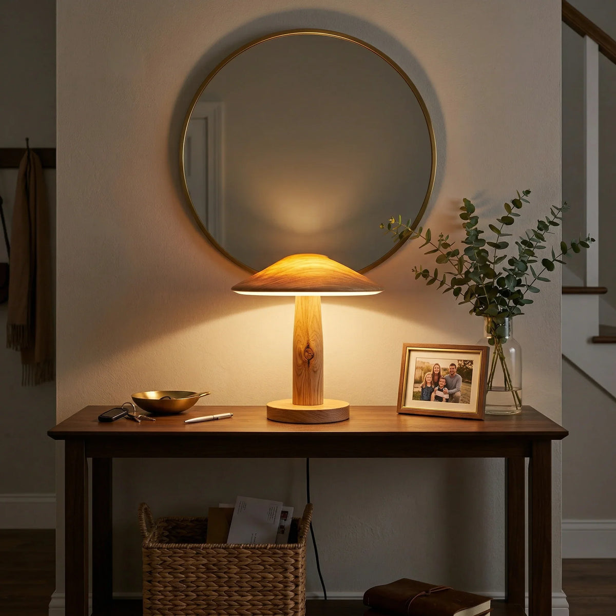 Transitional entryway with solid wood console table, round mirror, wooden lamp, key bowl, and vase with eucalyptus