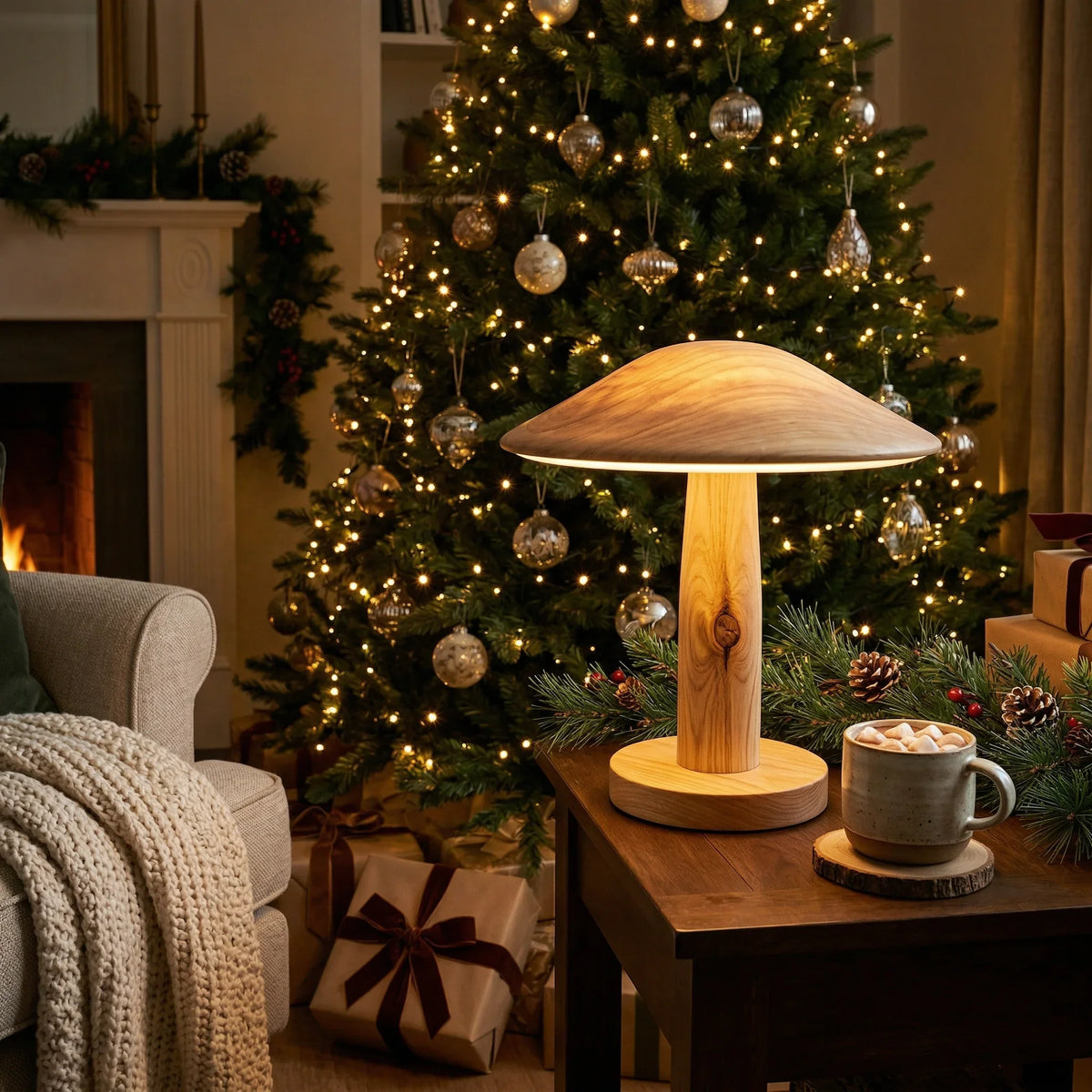 Wood table lamp with warm glow, cozy living room, Christmas tree, presents, hot cocoa