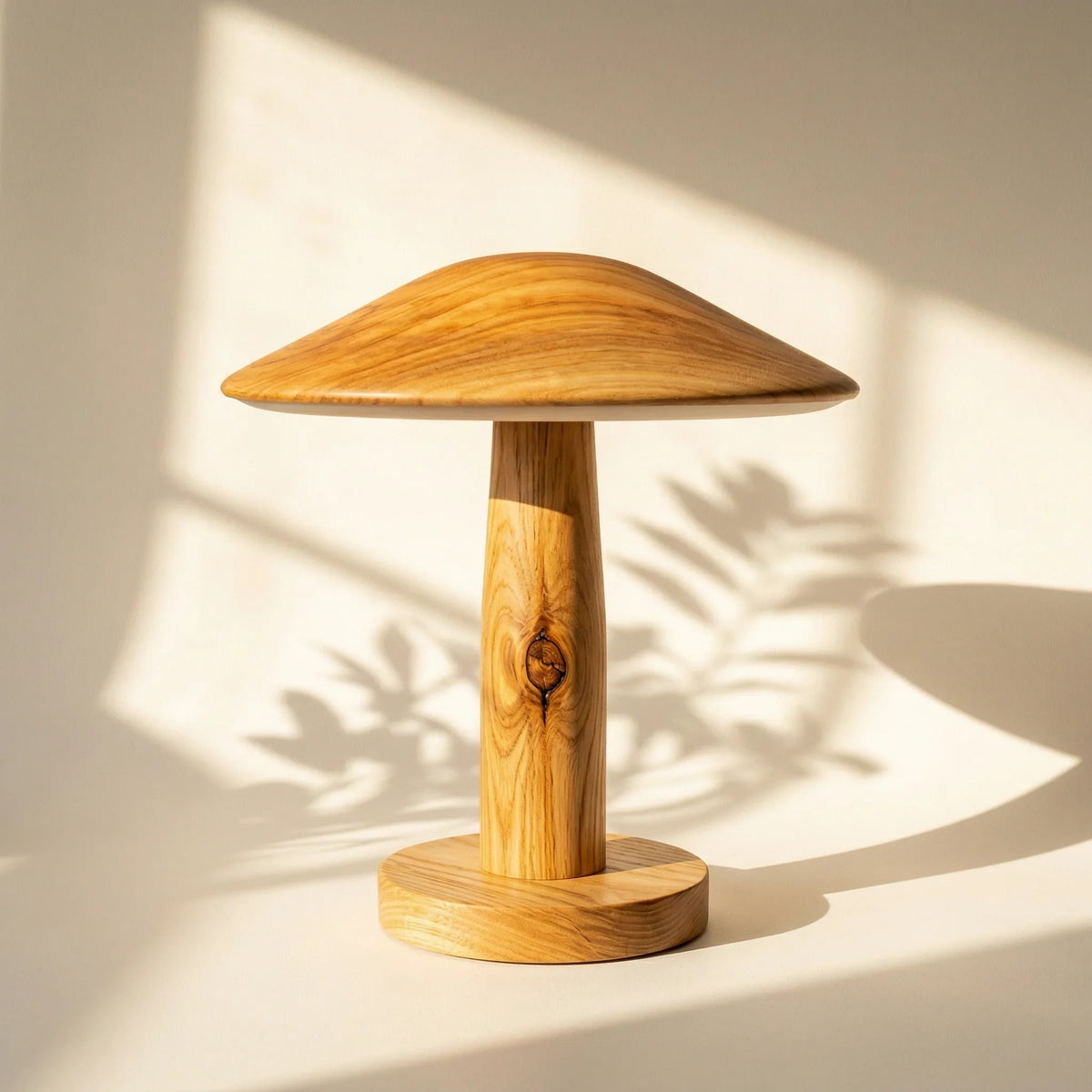 Handcrafted solid wood mushroom-shaped table lamp on neutral background with natural light.