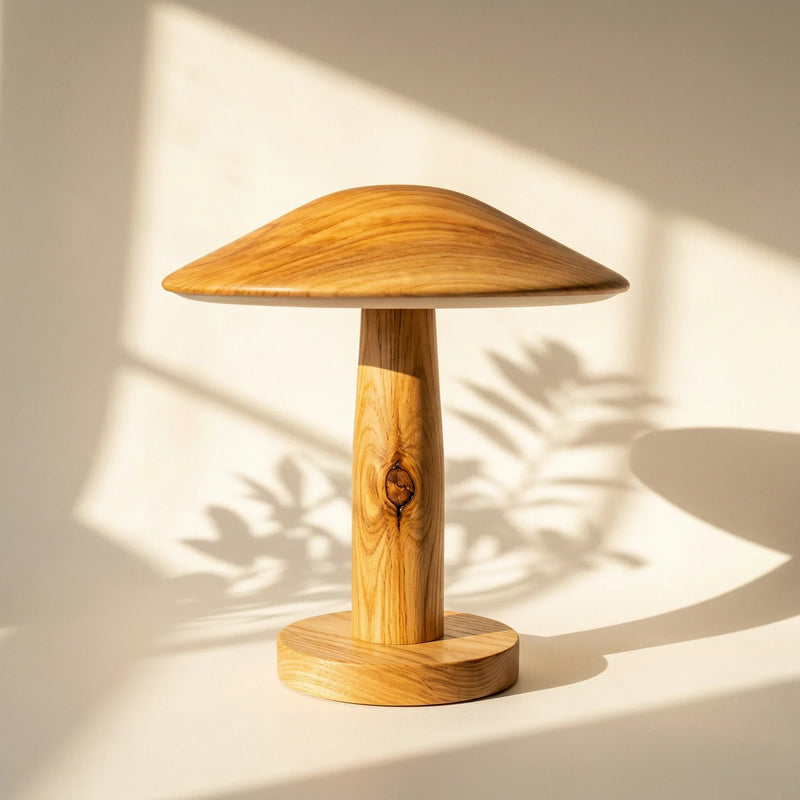 Handcrafted solid wood mushroom-shaped table lamp on neutral background with natural light.