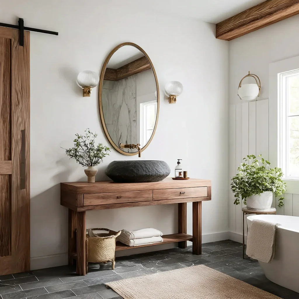 Modern bathroom with solid wood vanity, vessel sink, oval mirror, and indoor plants