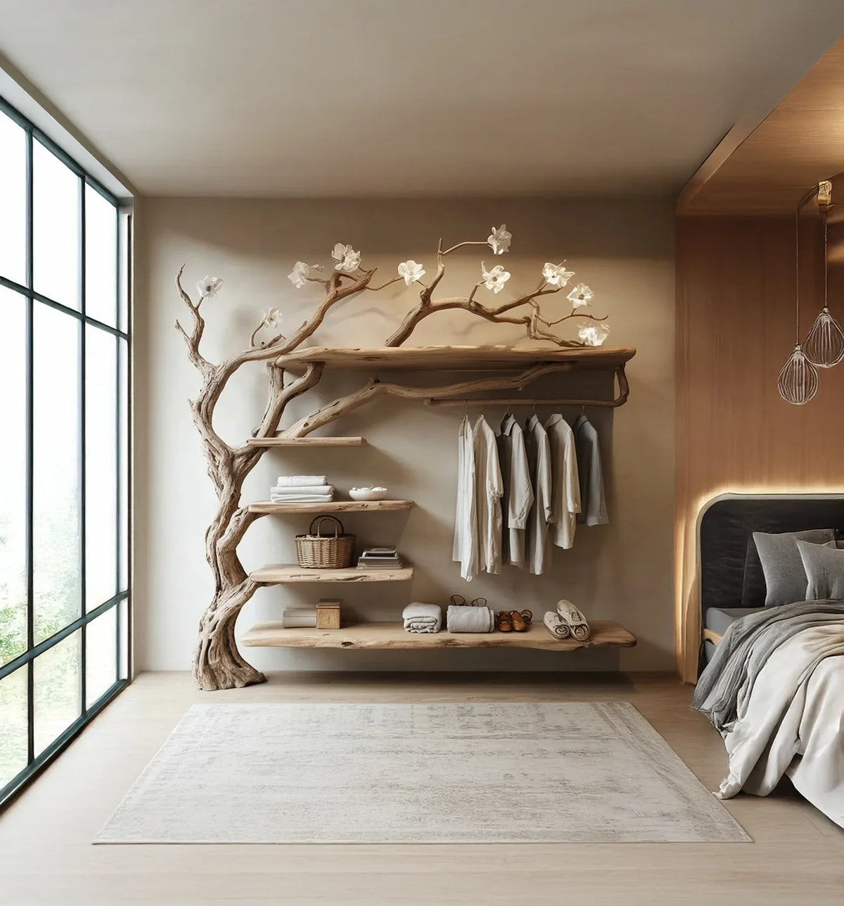 Live edge wooden tree bookshelf and clothes rack in modern bedroom with natural light