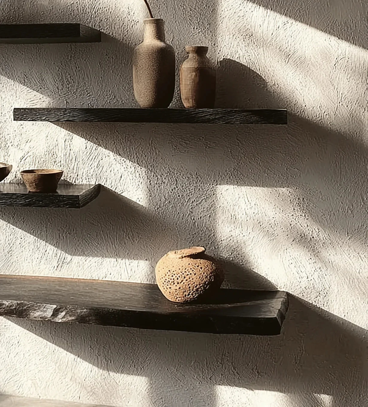 Floating live edge wood shelves with ceramic vases and bowls against a textured wall