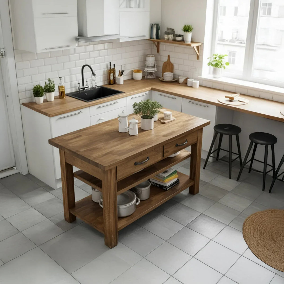 Solid wood kitchen island with drawers and shelves in modern white kitchen with plants