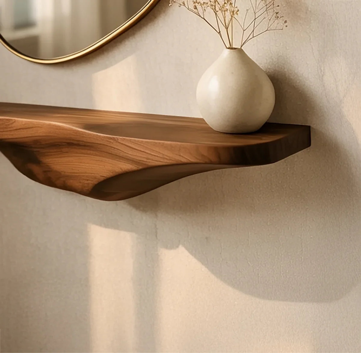 Live edge floating wood shelf with minimalist vase and dried flowers, modern home decor