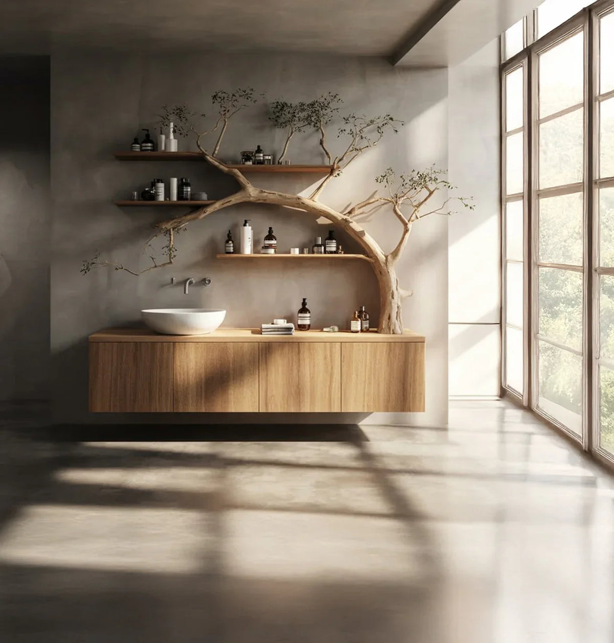 Modern bathroom with floating wooden vanity, vessel sink, and artistic live edge tree bookshelves.