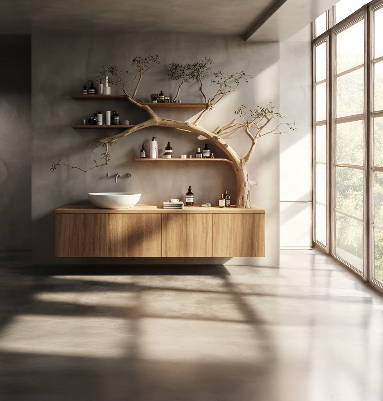 Tree Branch Bathroom Vanity & Floating Shelves – Solid Wood Sink Console