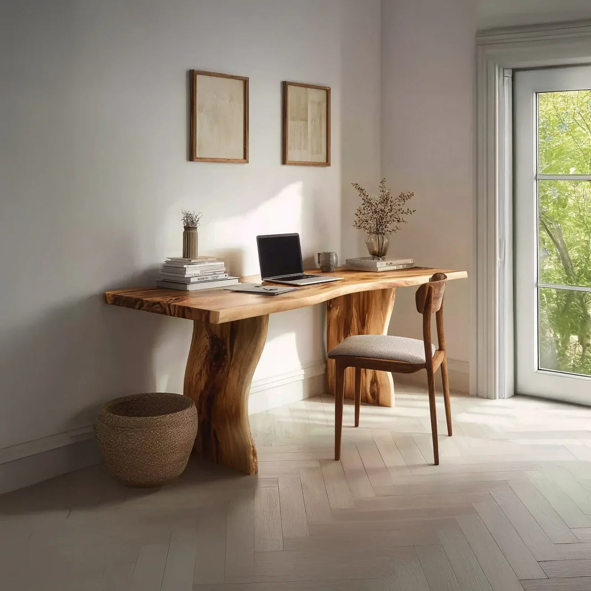 Live edge solid wood desk and chair in bright home office with laptop and decor