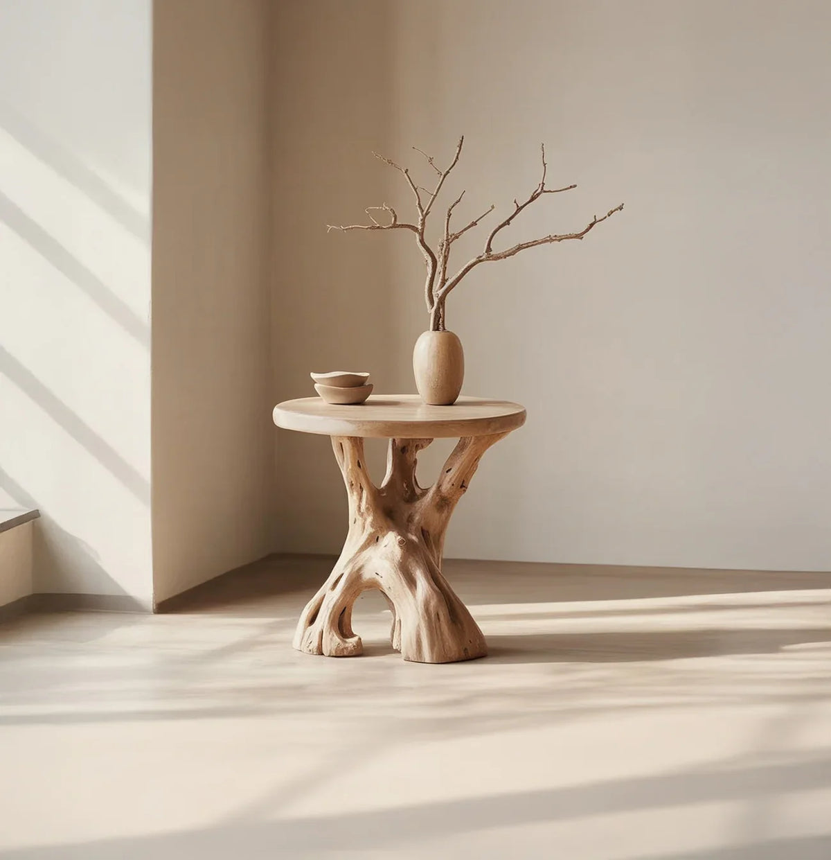 Live edge solid wood side table with sculptural base, vase, and bowl in a minimalist room