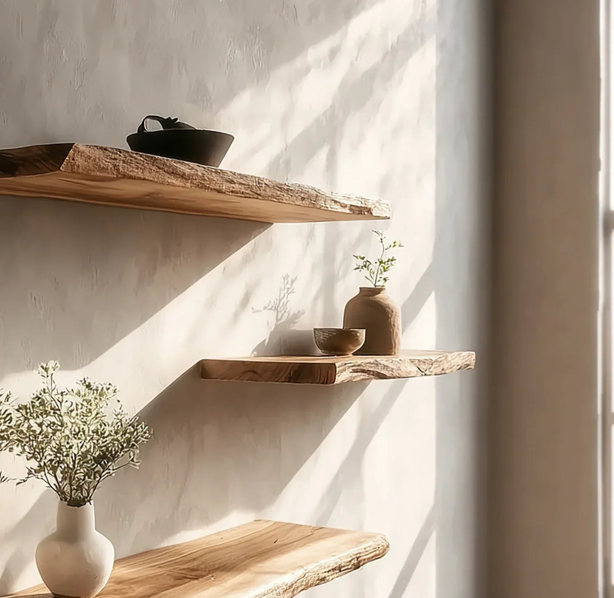 Live edge floating wooden shelves with minimalist decor and vases on a sunlit wall