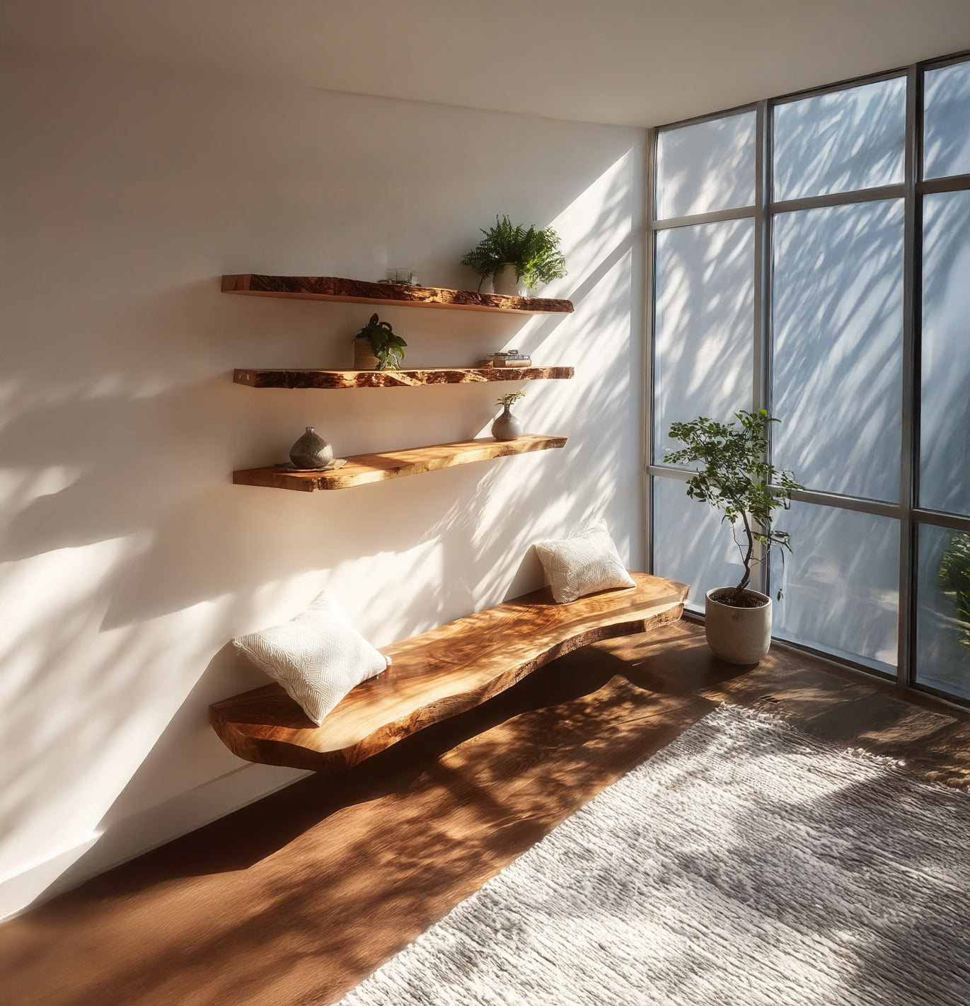 Sunlit minimalist room with live edge wooden bench, floating shelves, potted plant, and textured rug
