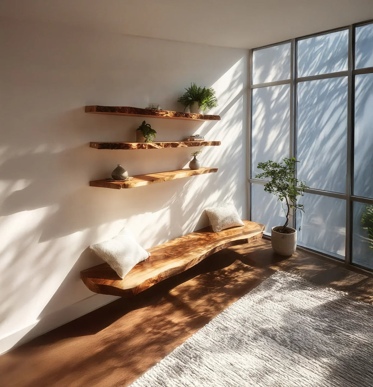 Sunlit minimalist room with live edge wooden bench, floating shelves, potted plant, and textured rug
