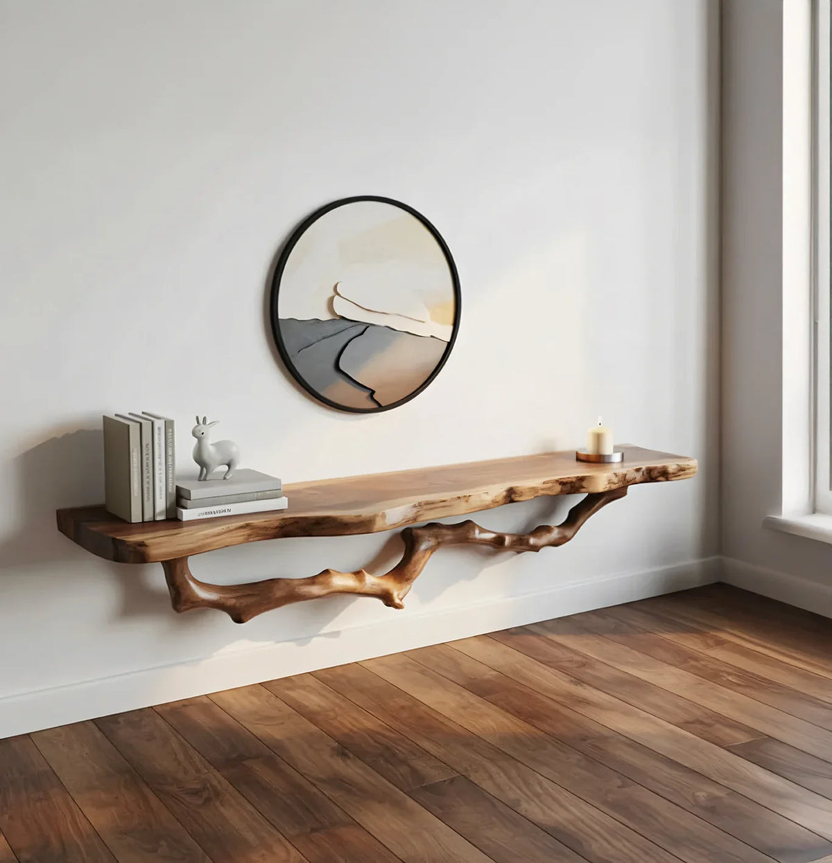 Live edge floating wood shelf on white wall with books, art, and candle in modern room