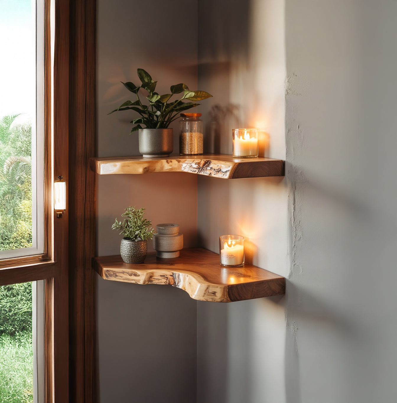 Live edge floating wood corner shelves with plants and candles in modern home decor