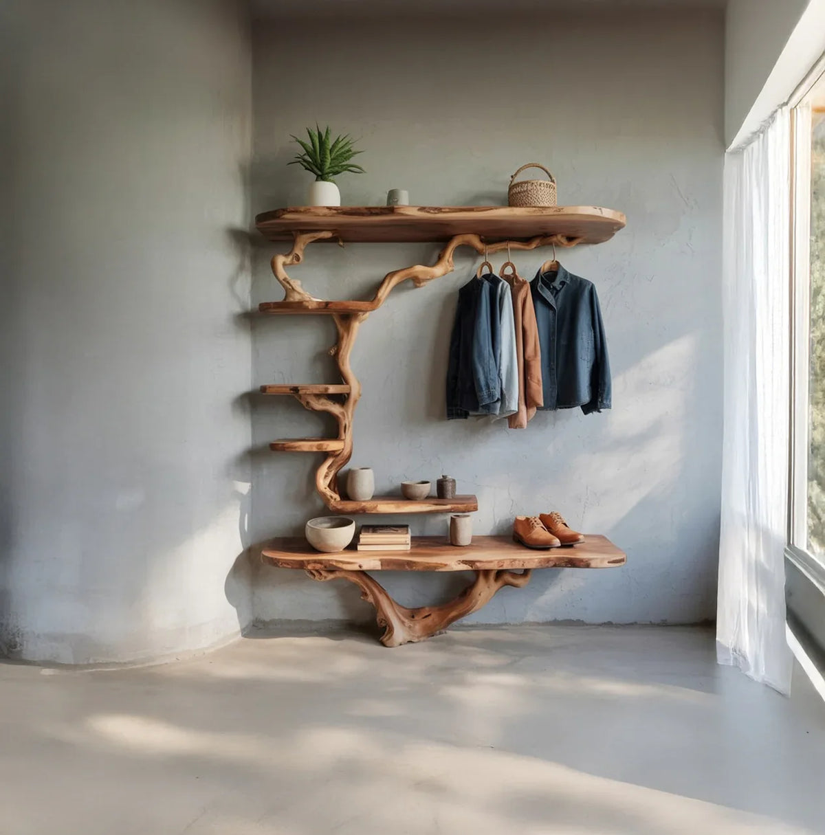 Live edge solid wood tree bookshelf with floating shelves and hanging space in modern room