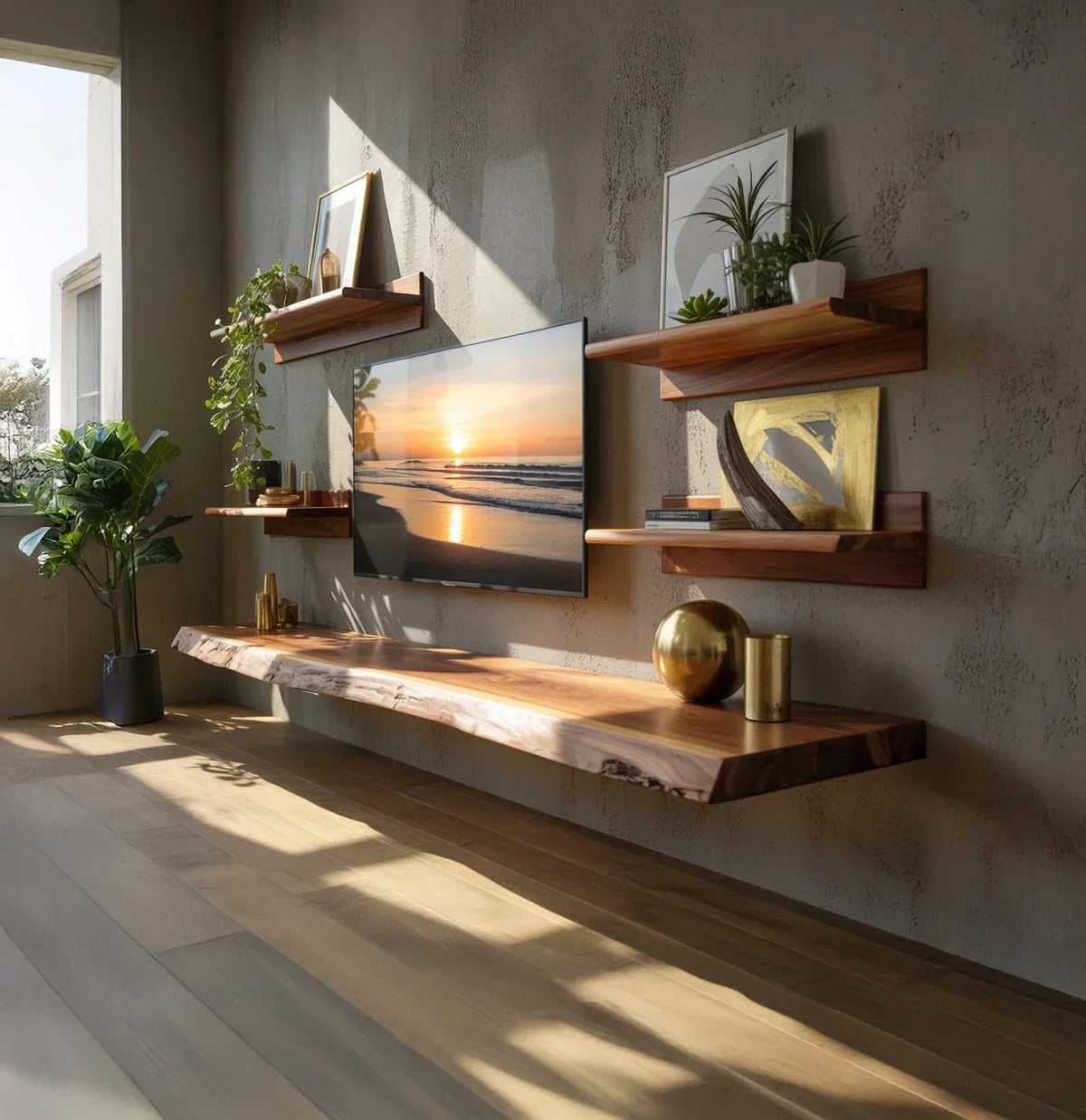Modern living room with floating solid wood shelves, live edge TV console, and indoor plants.