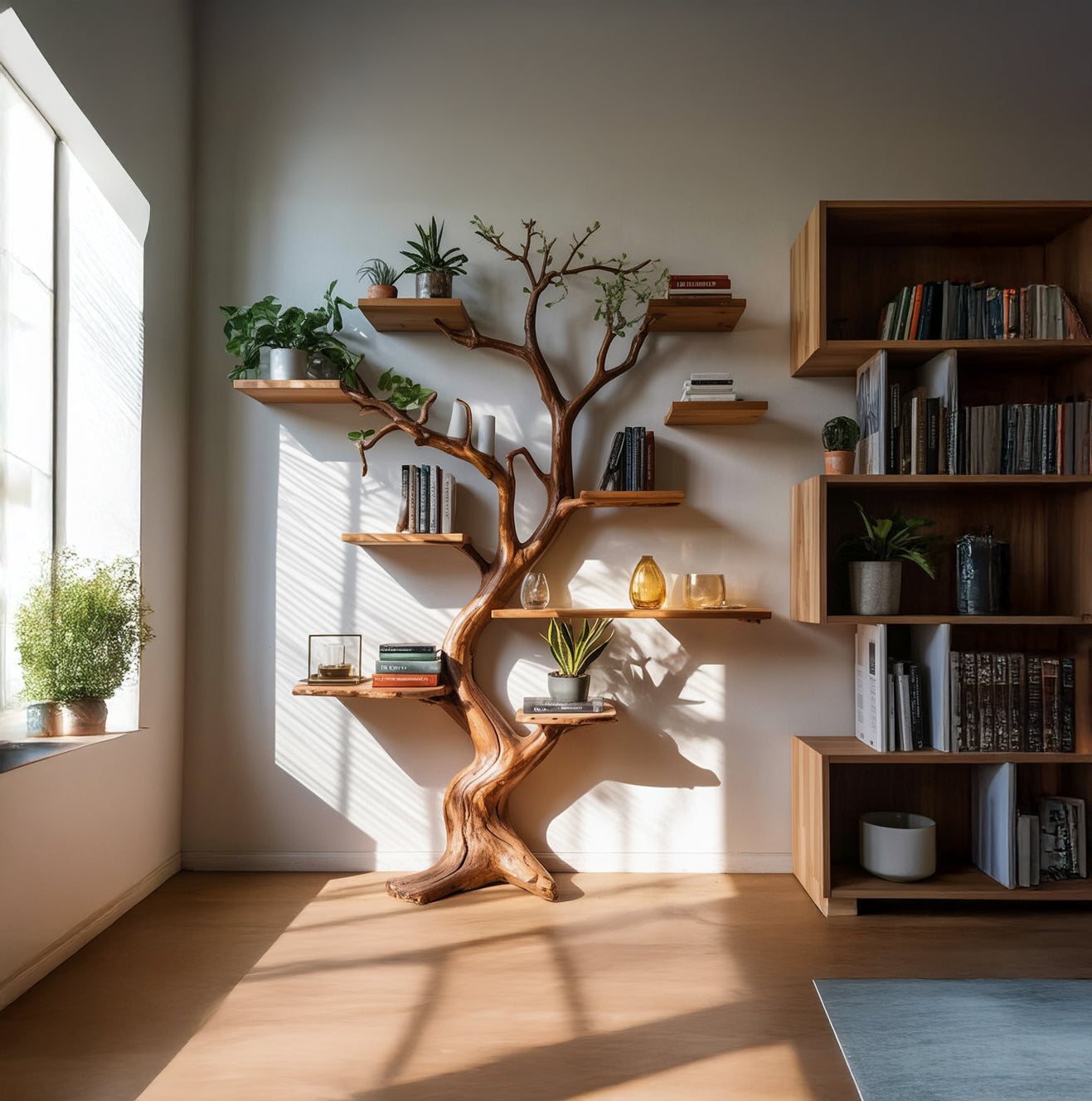 Solid wood tree bookshelf with floating shelves, plants, and books in sunlit room