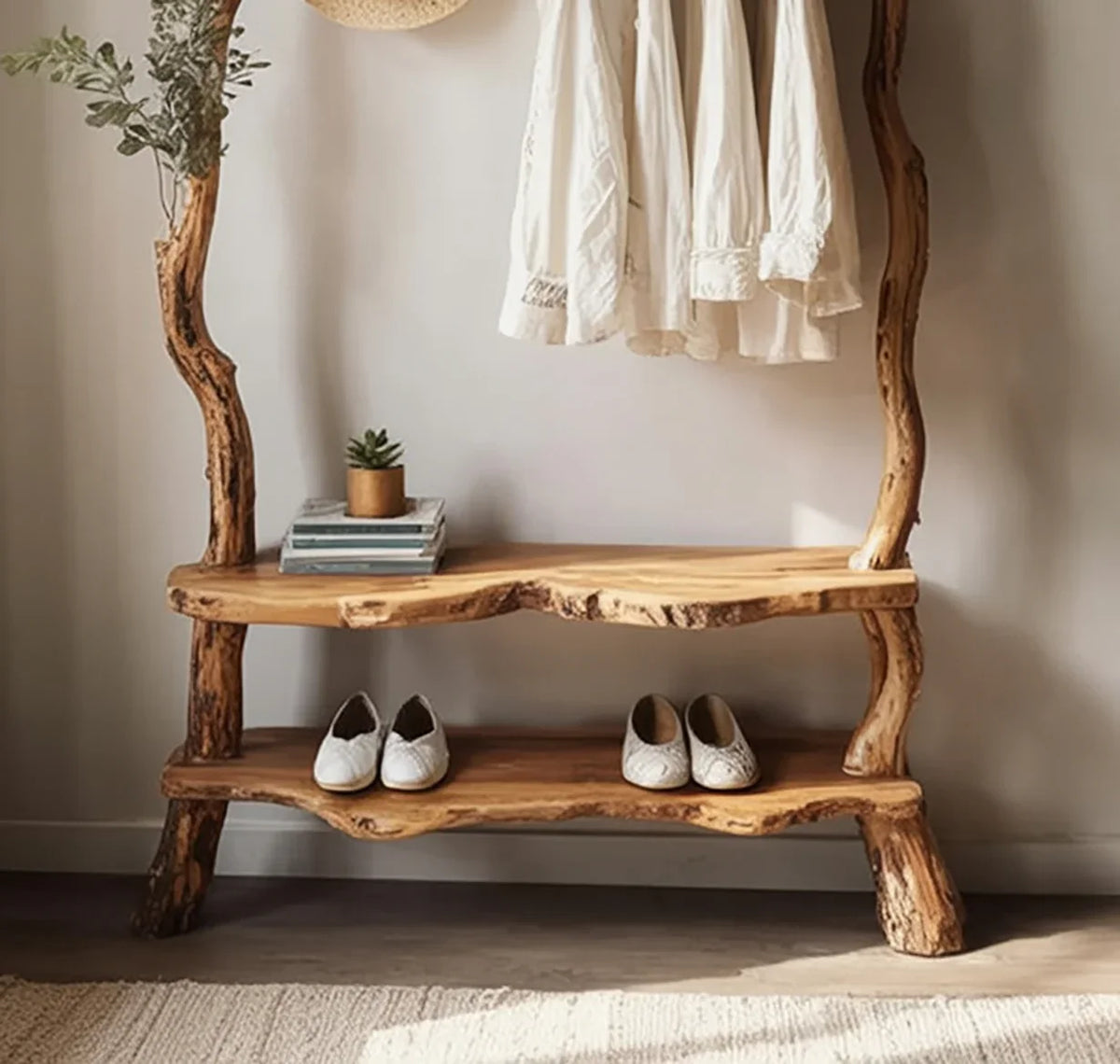 Solid wood live edge entryway rack with shelves, natural finish, holding shoes and clothes