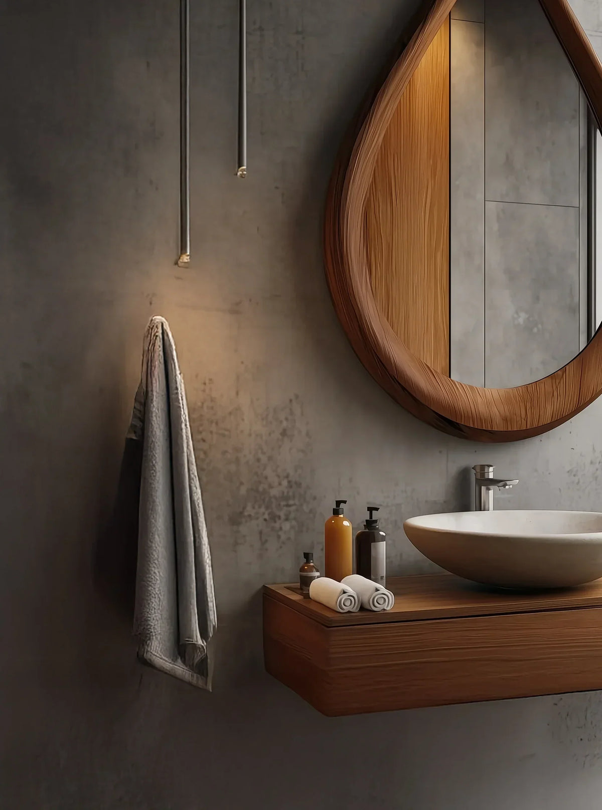 Modern bathroom with floating wooden vanity, vessel sink, tear-shaped wood mirror, and minimalist decor