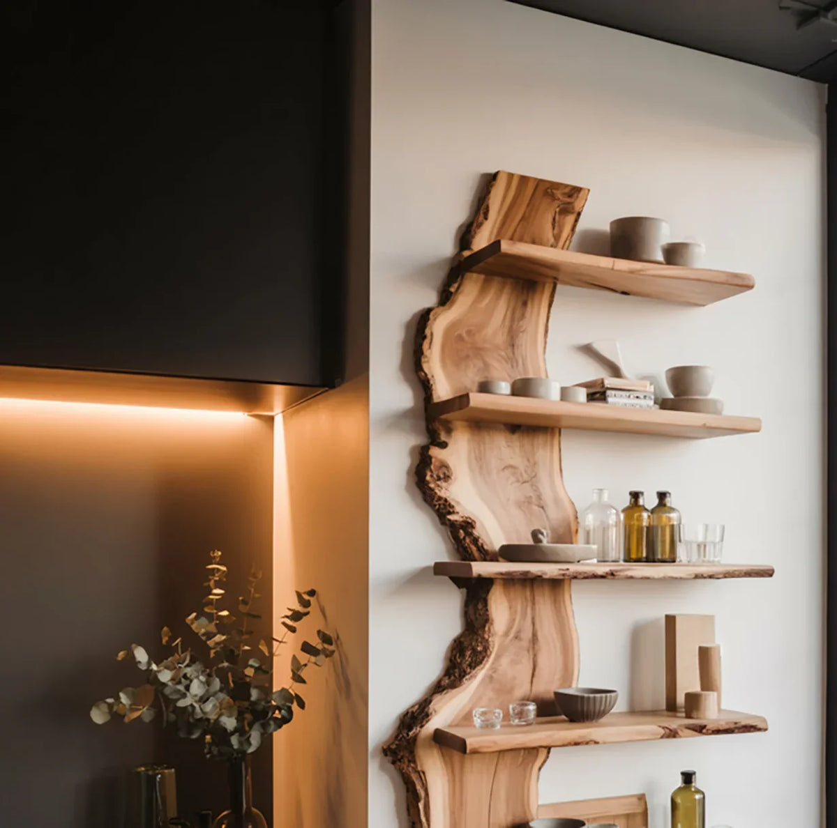 Live edge floating wood shelves with natural finish, displaying ceramics and glassware