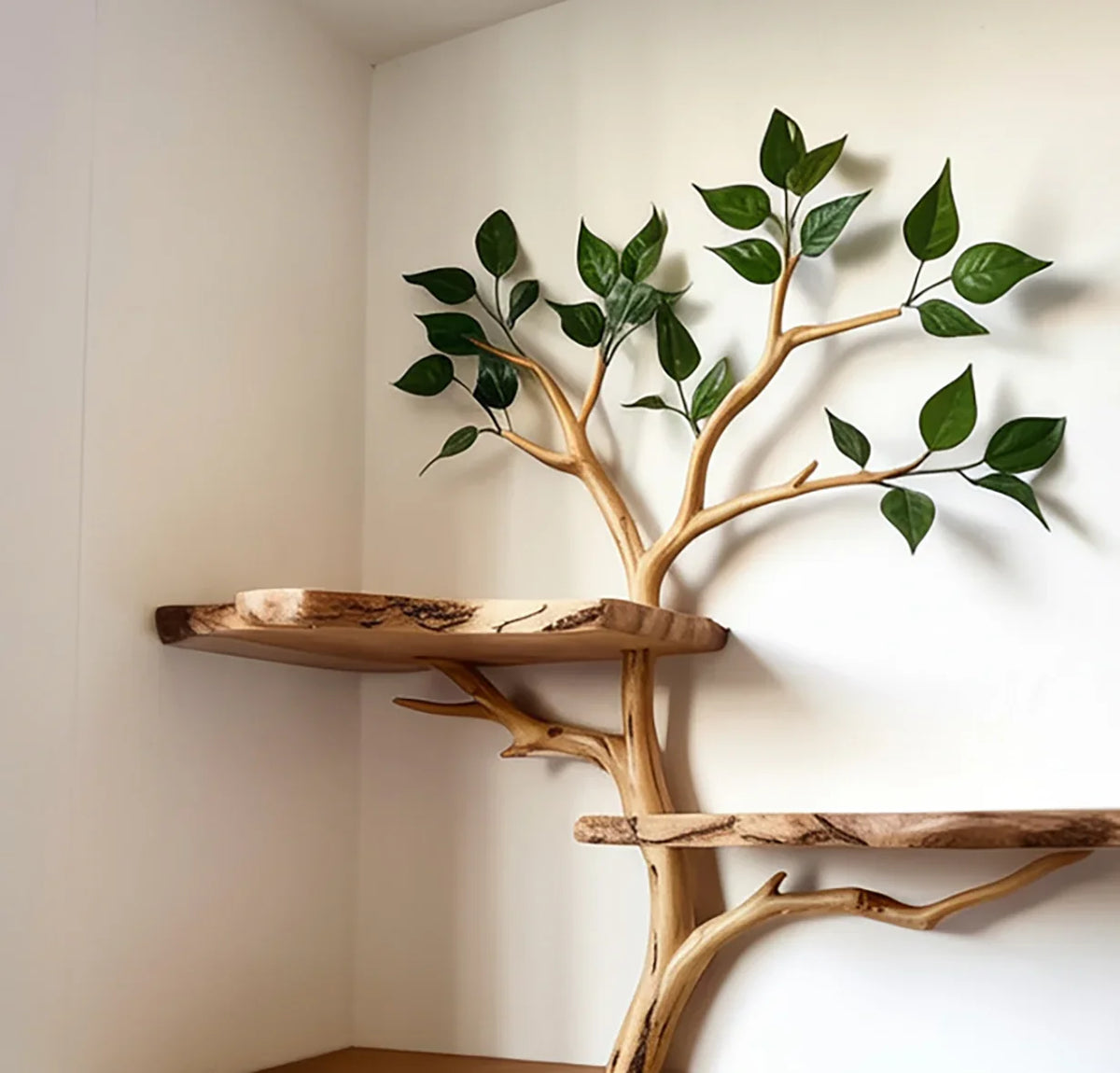 Solid wood tree bookshelf with floating live edge shelves and leafy branches in a corner