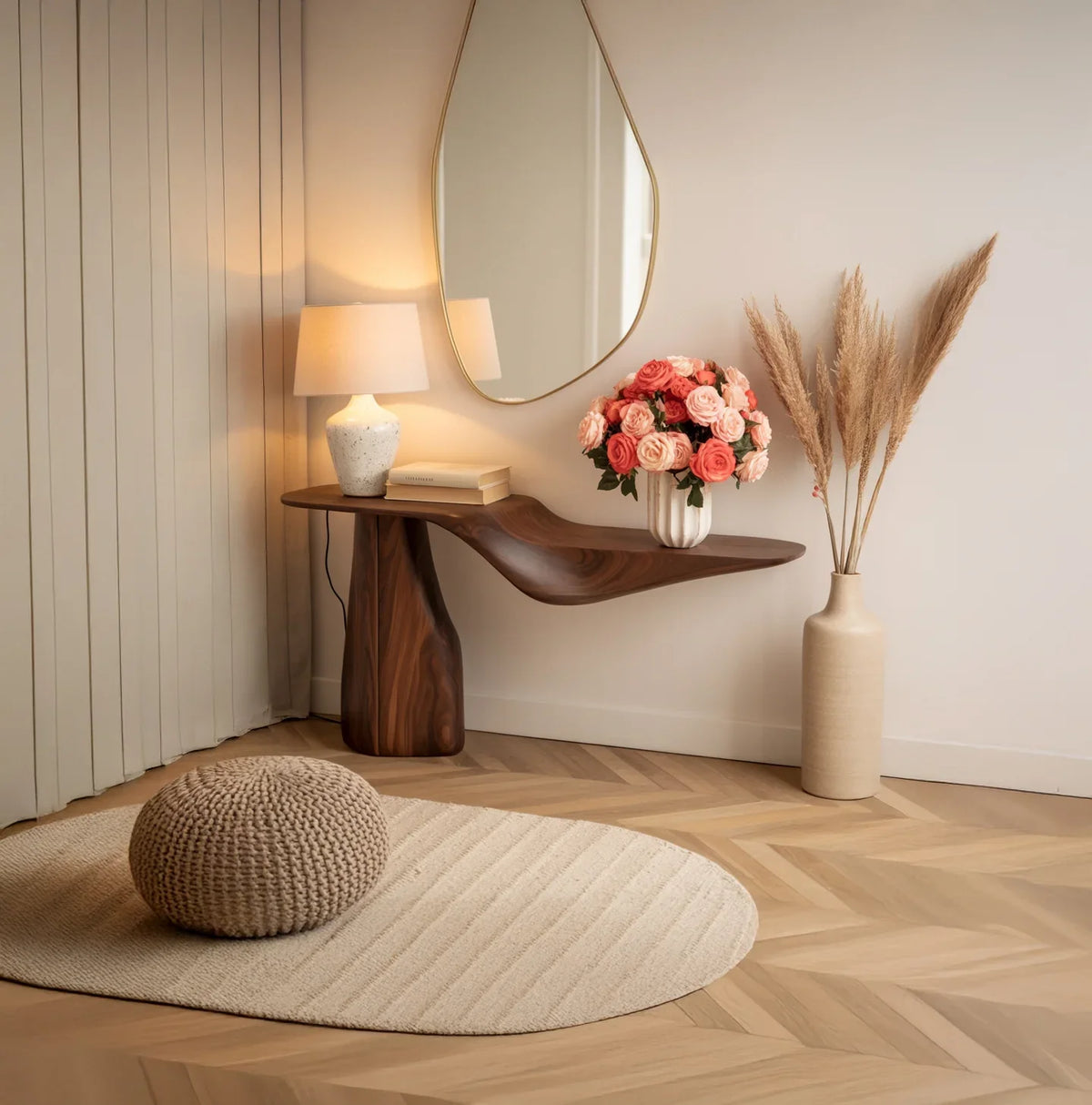 Modern entryway with live edge wood console table, lamp, mirror, roses, pampas and neutral decor
