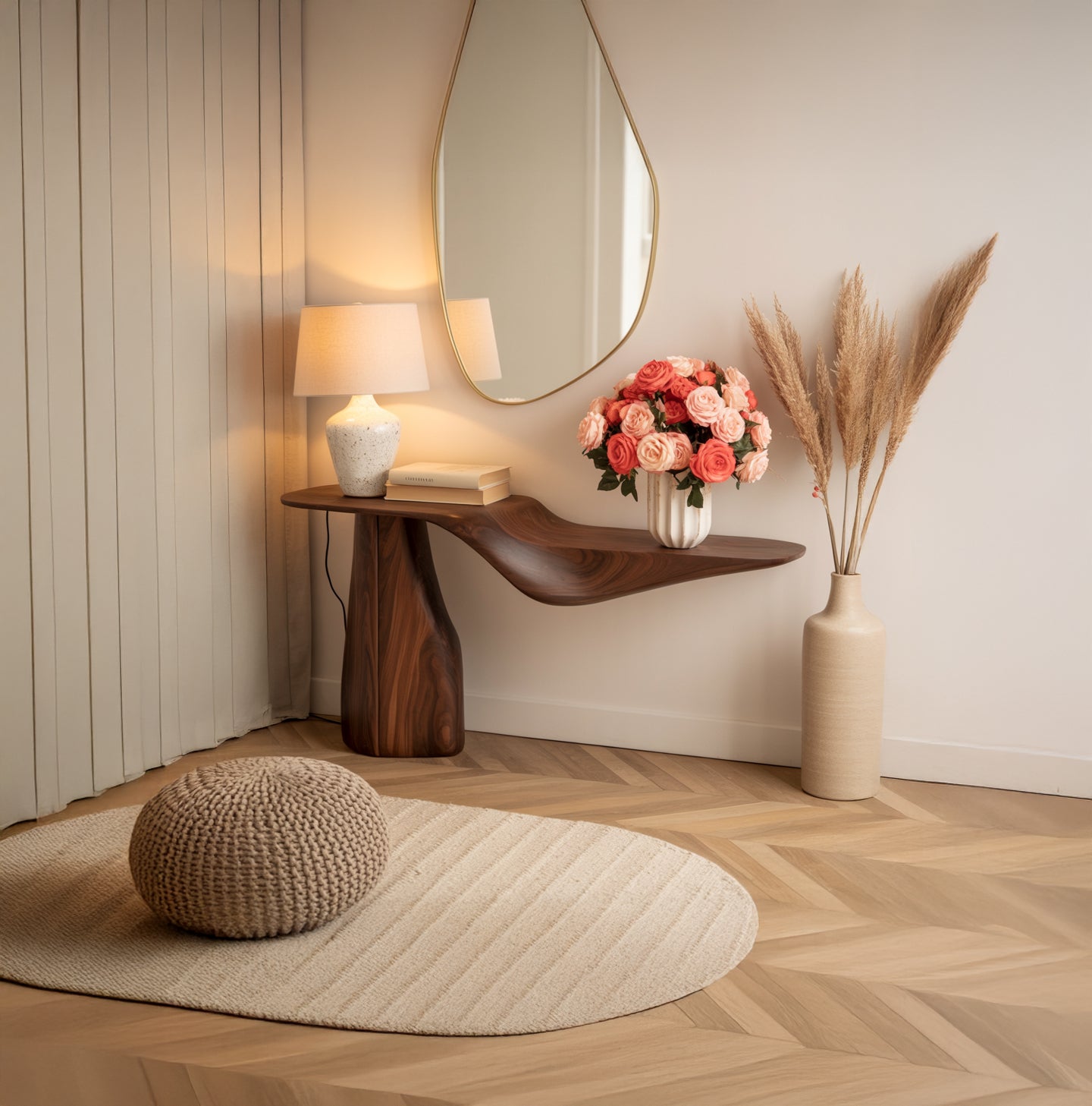 Modern entryway with live edge wood console table, lamp, mirror, roses, pampas and neutral decor