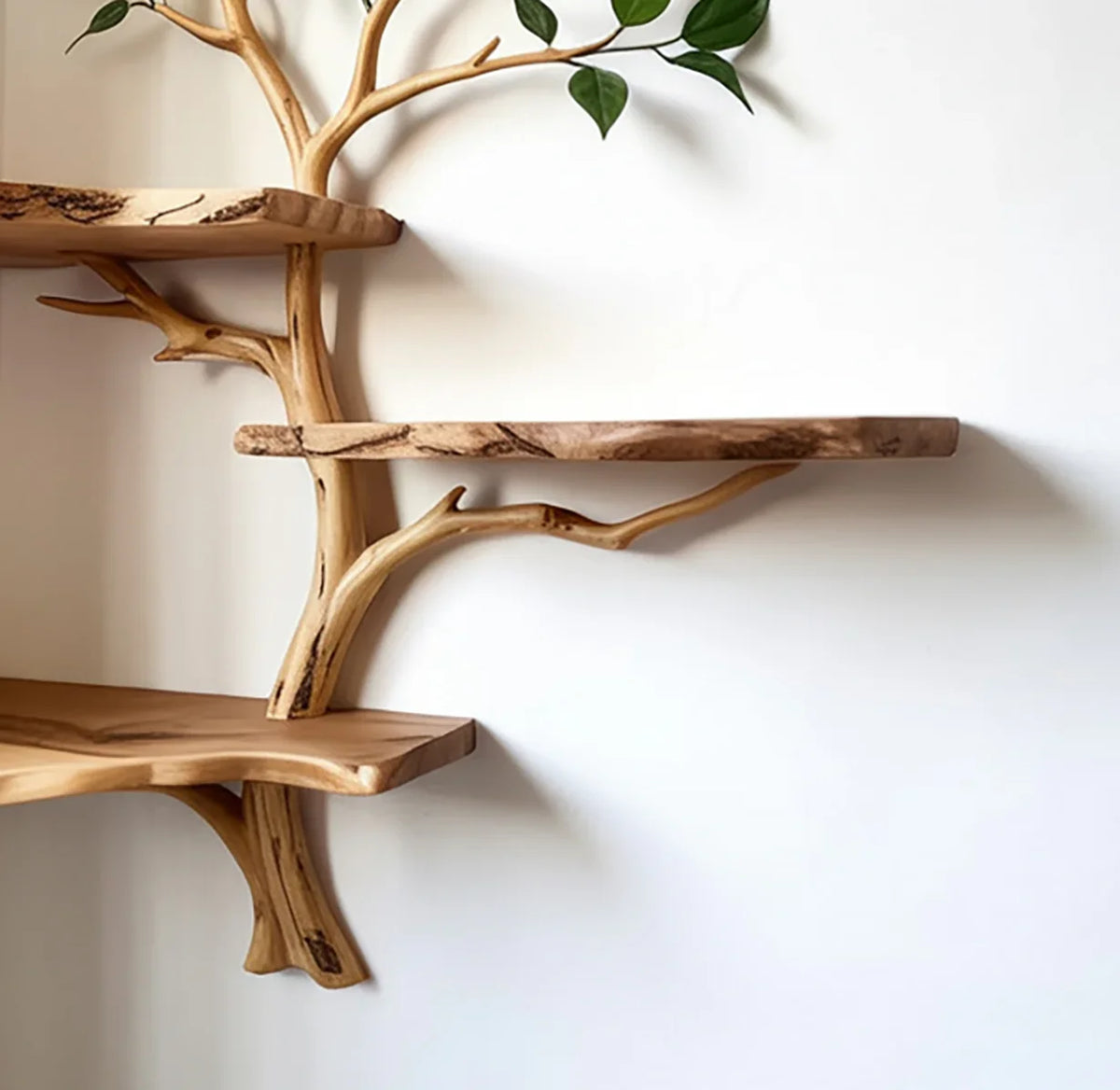 Solid wood tree bookshelf with live edge shelves and branch details against white wall