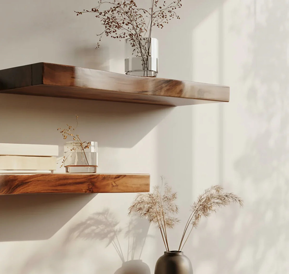 Solid wood floating shelves with glass vases and minimalist decor in natural light