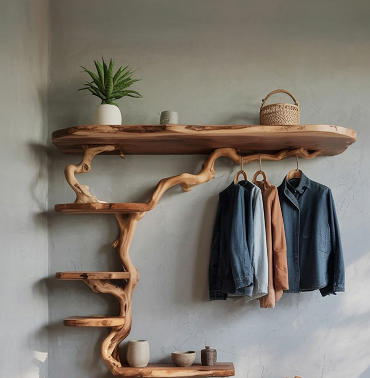 Live edge solid wood tree bookshelf with hanging rack, displaying shirts and decor items