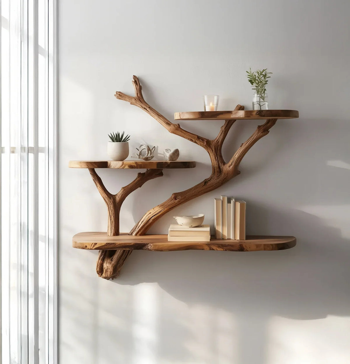 Tree branch inspired solid wood floating bookshelf with decor, minimalist wall display