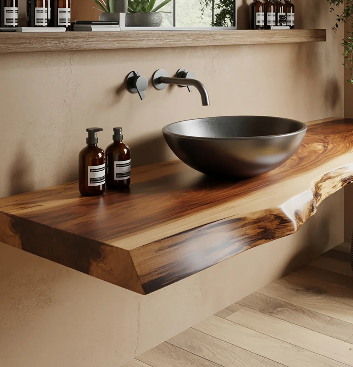 Solid wood live edge vanity with vessel sink and wall-mounted faucet in modern bathroom