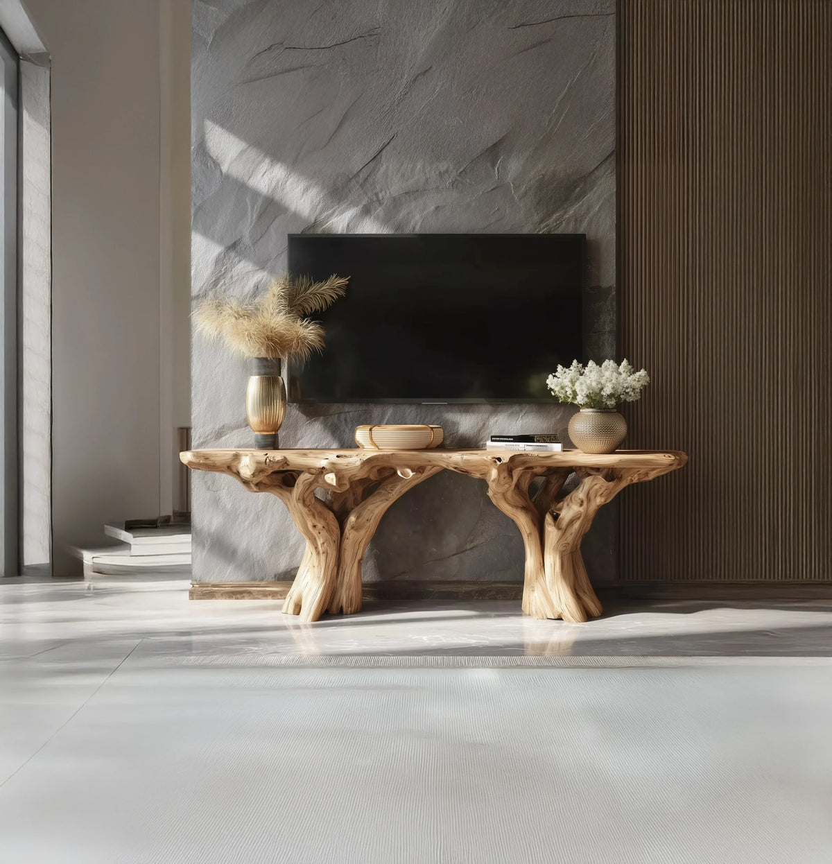 Live edge solid wood console table with decorative vases in a modern living room