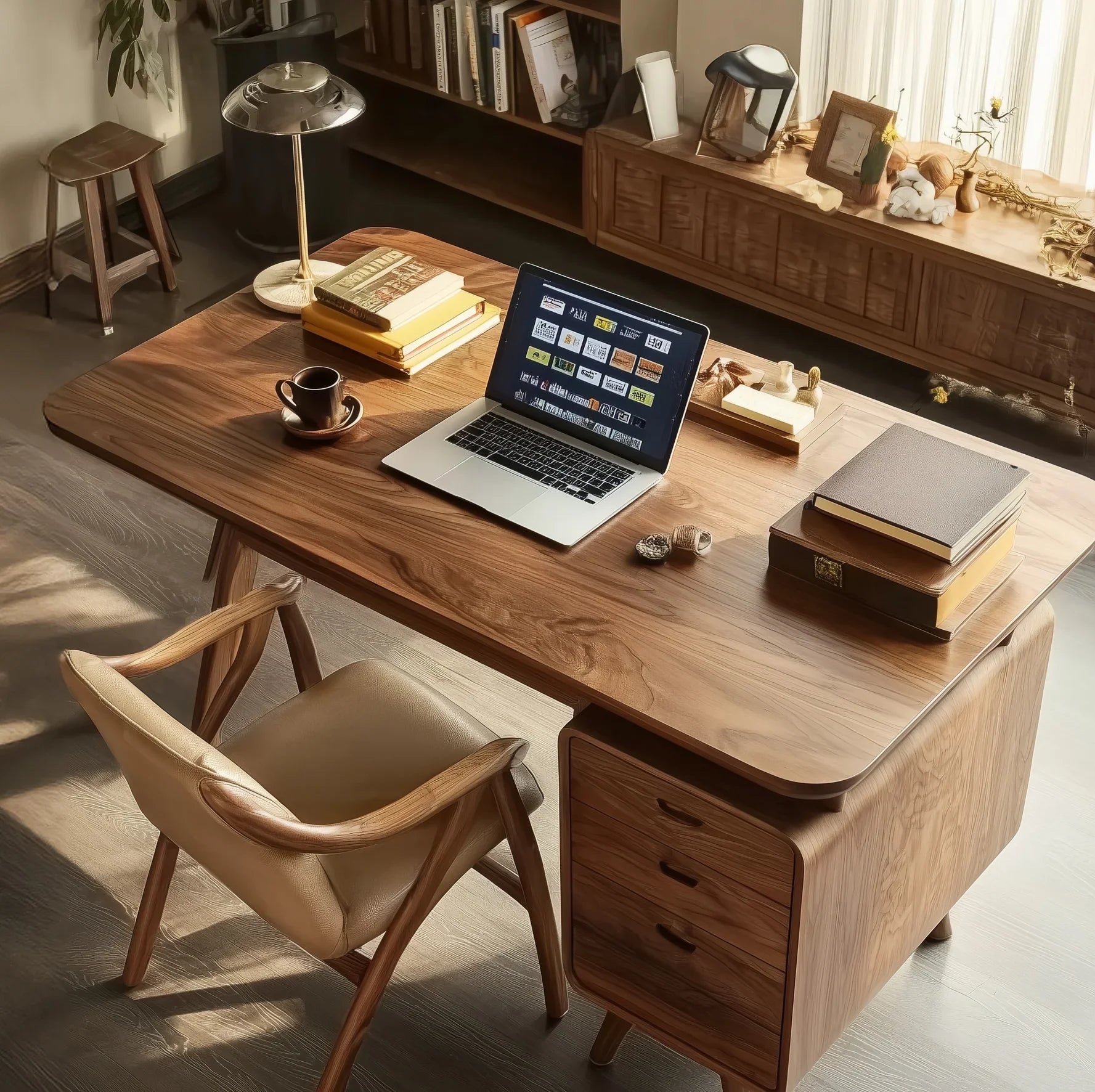 Modern solid wood desk with a laptop, books, and cup in a sunlit home office setting.